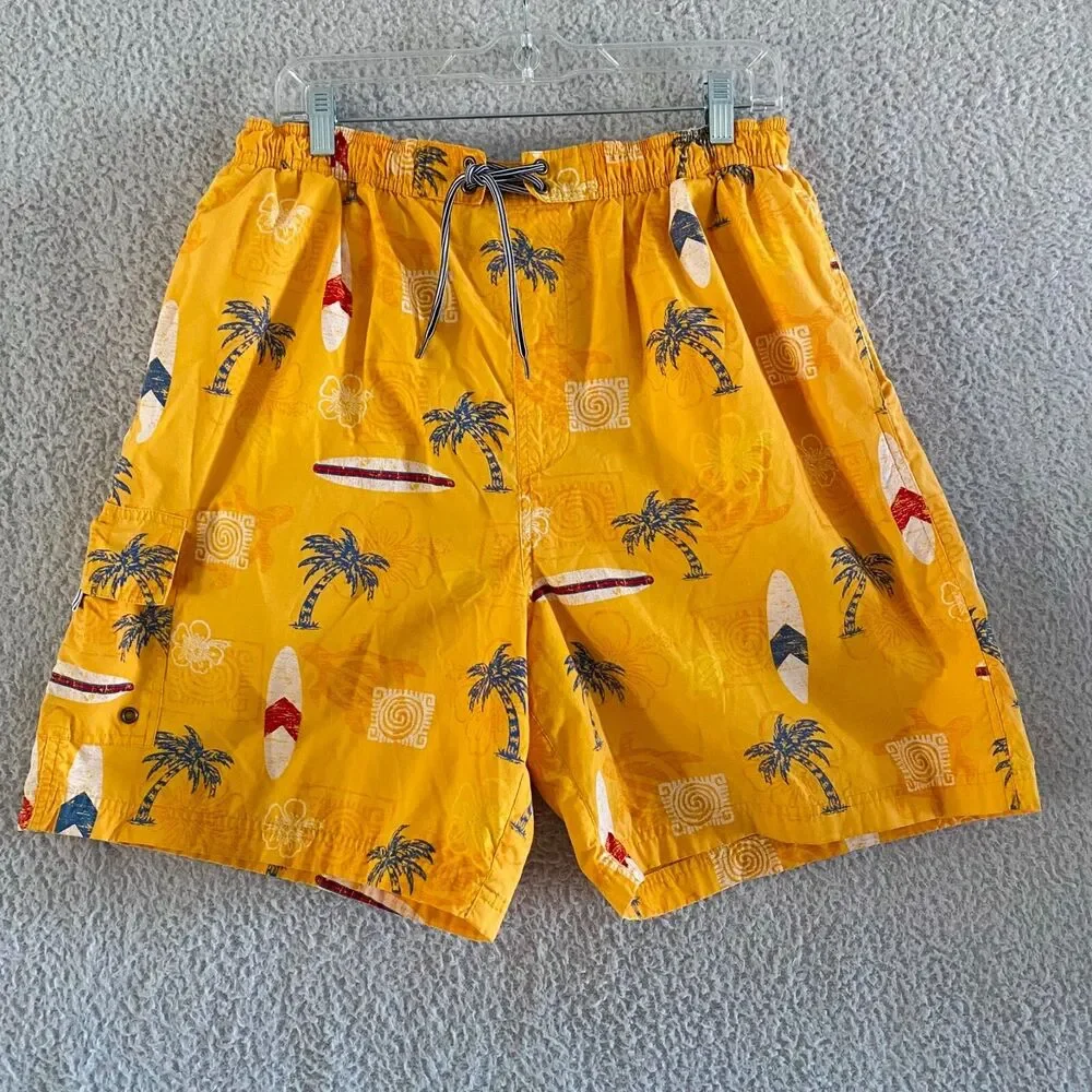 Roundtree & Yorke Swim Trunks Mens L Yellow Tropical Surf‎ Cargo Pockets